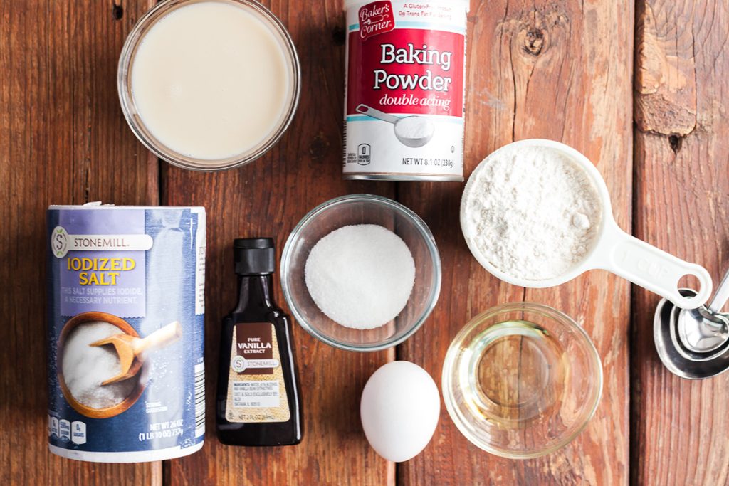 Flour, milk, baking powder, oil, egg, vanilla for mini waffles.