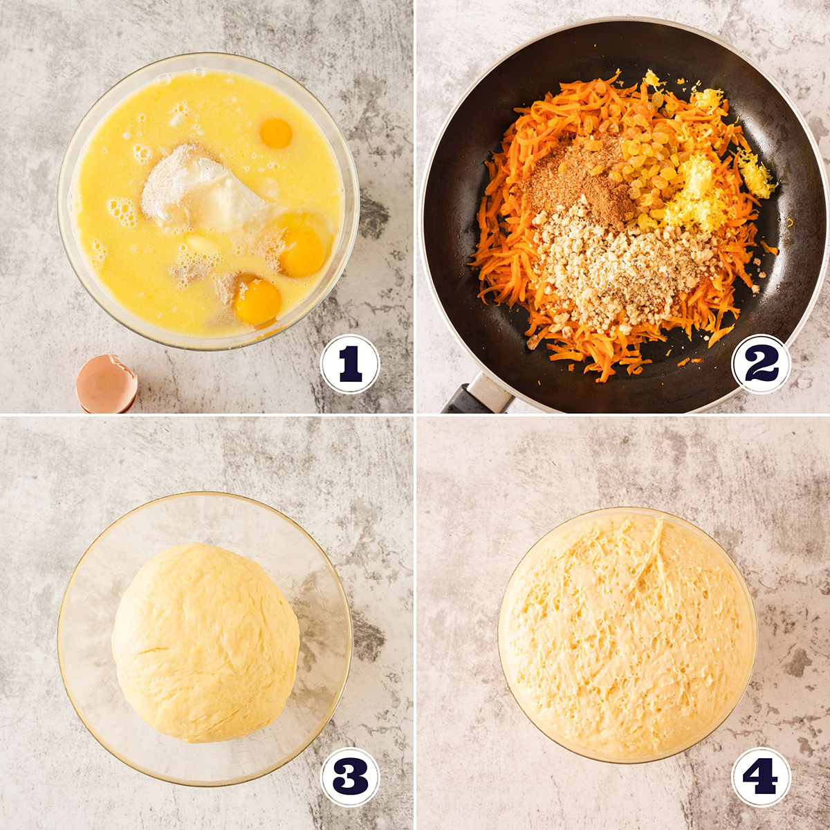 Showing how to make carrot cake cruffins in a 4 step collage.