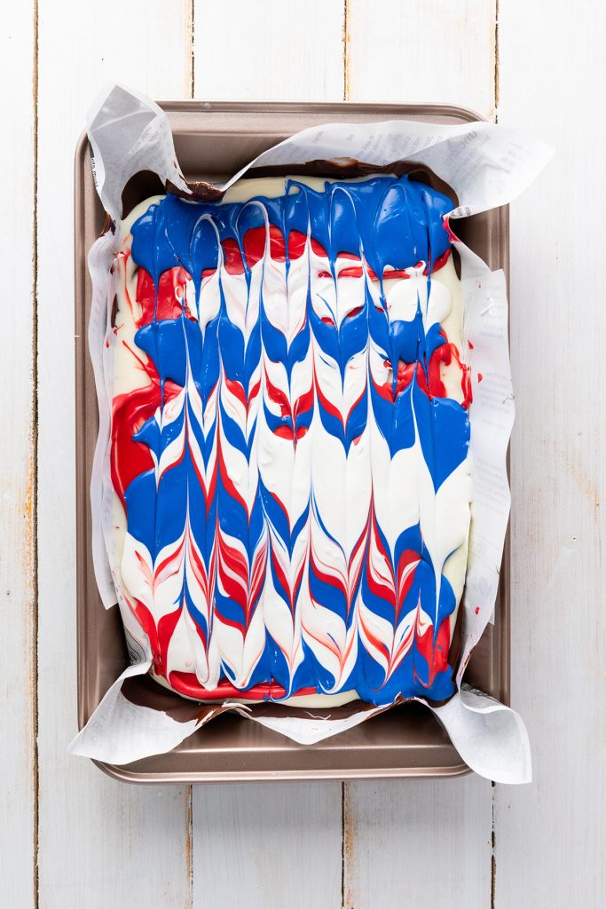 Top down view of 4th of July bark without garnish.
