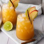 Close-up of two glasses of apple cider ginger beer mocktail with ice, garnished with apple slices, lime, and cinnamon sticks.