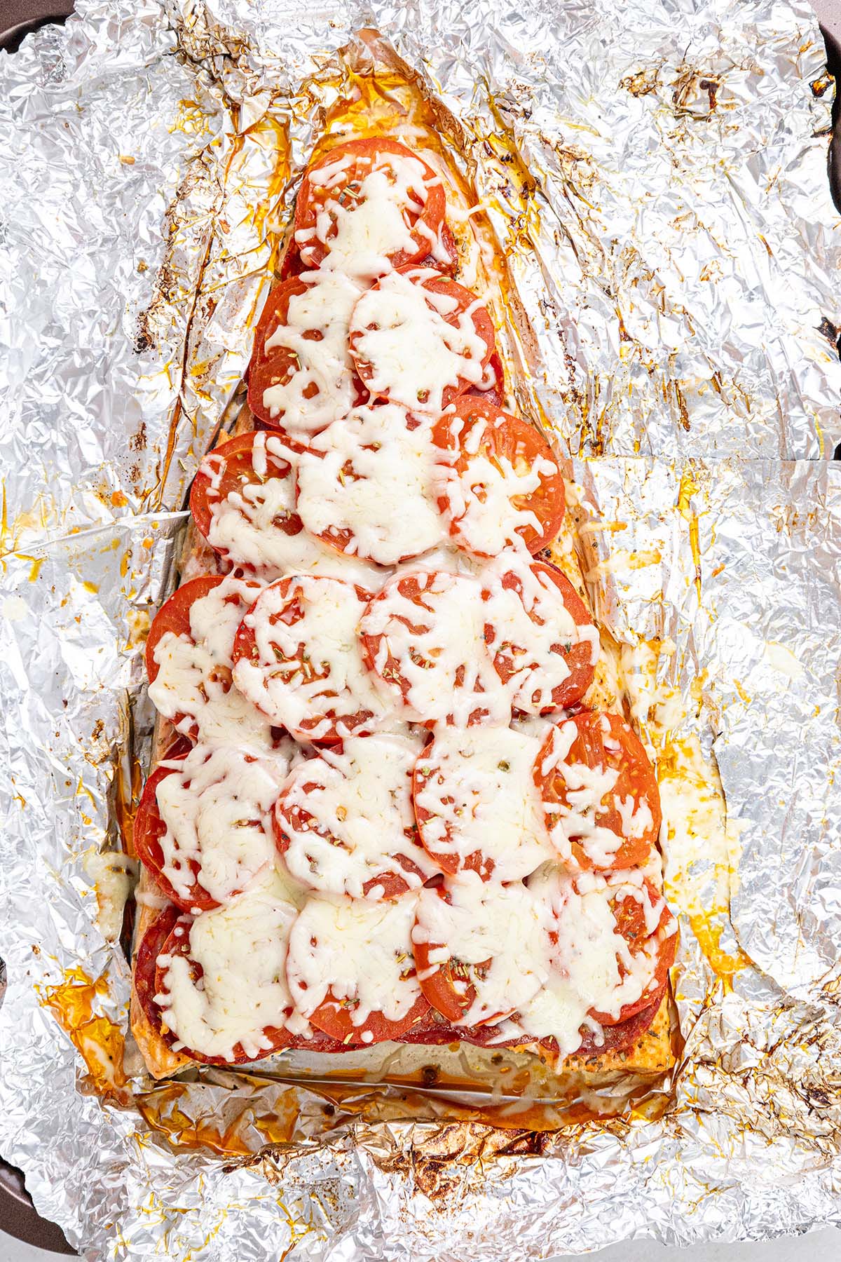 Chilean salmon topped with melted mozzarella cheese.