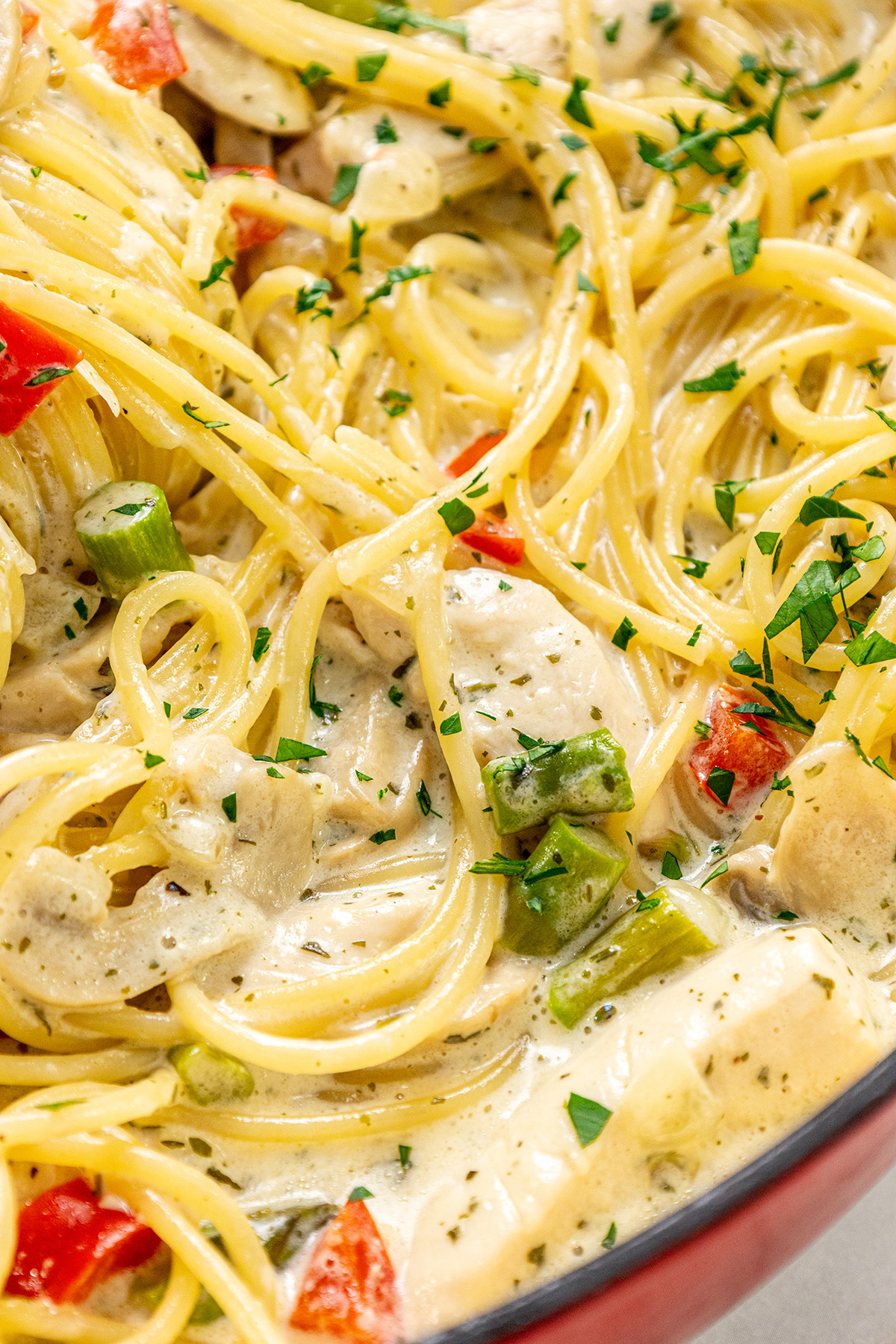 Creamy chicken mushroom alfredo pasta in a pot with noodles, vegetables, and fresh parsley.