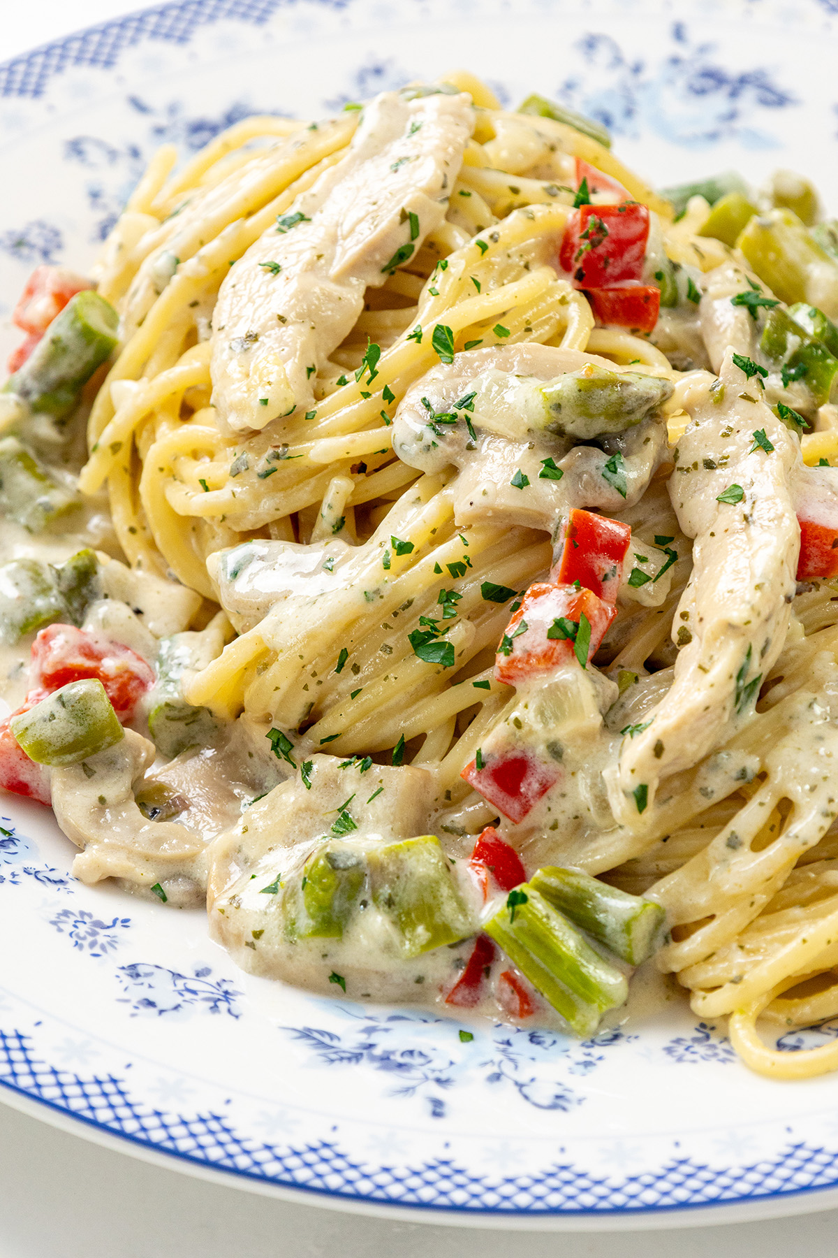 Chicken mushroom alfredo pasta served on a white and blue plate, coated in a rich creamy sauce with vegetables and herbs.