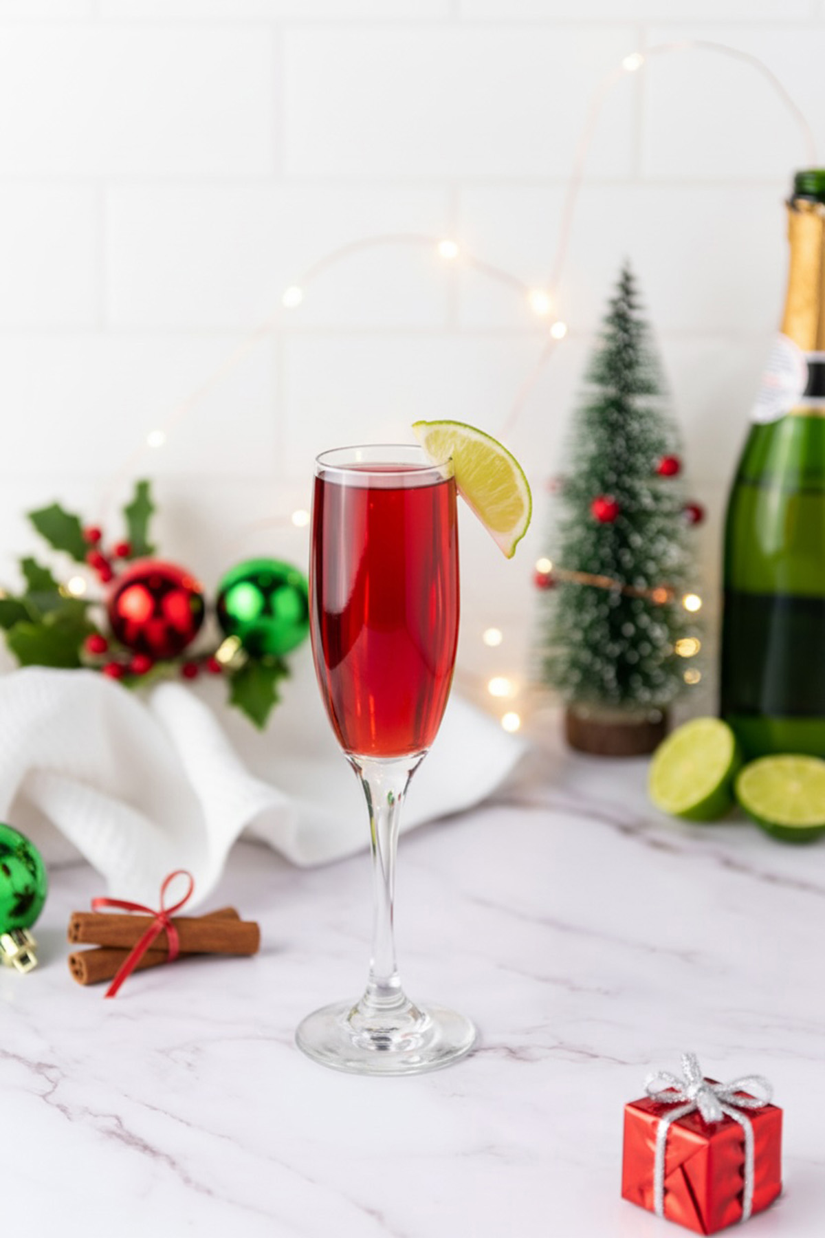 Cranberry mimosa in a champagne flute garnished with a fresh lime wedge, with limes and champagne bottle in the background with holiday decor.