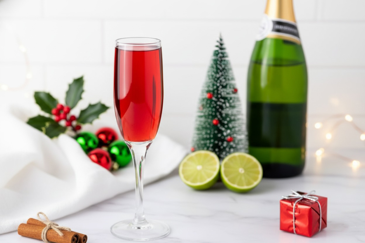 Champagne flute filled with a bright red cranberry mimosa on a white marble surface surrounded by holiday decor.