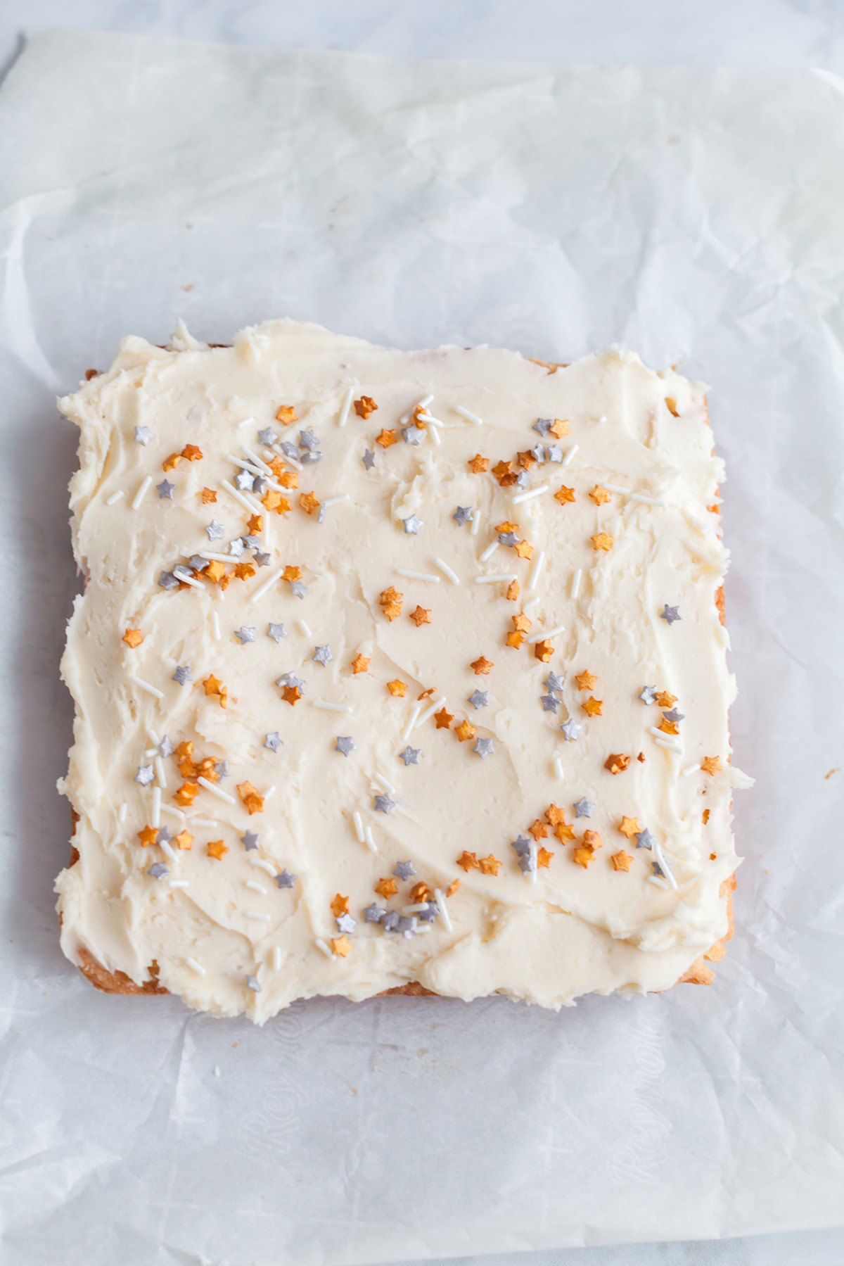 Betty Crocker sugar cookie bars frosted with vanilla buttercream and topped with sprinkles.