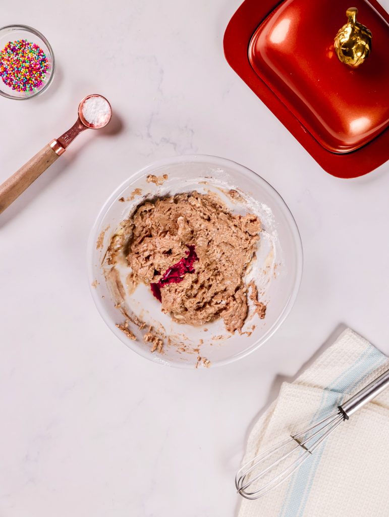 Red velvet cake pop mixture combined until moist and smooth.