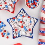 Red white and blue puppy chow served in a patriotic star bowl for summer holidays.